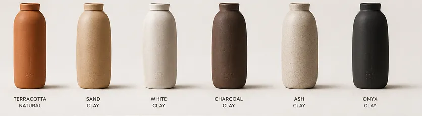 EERA EARTH bottle in six natural clay colourways